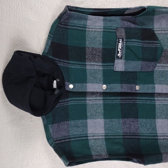 Surf Style Interplanetary Body Gear Green Windowpane Plaid Hooded Snap Up Vest - Picture 2 of 13